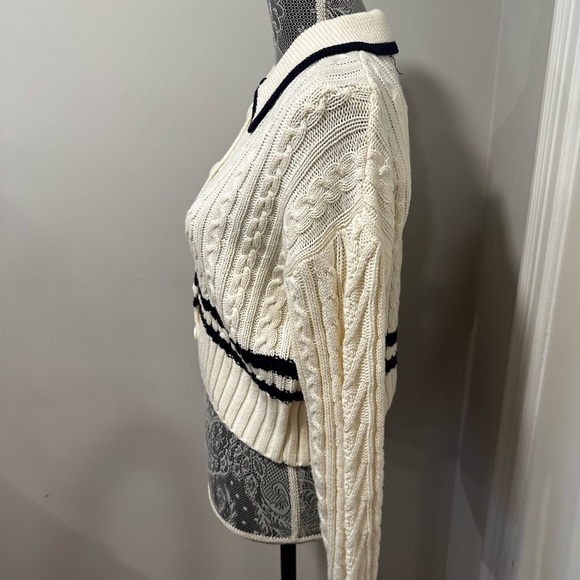 NWT Pink Rose Preppy Cream & Navy  Cable Knit Collared Cardigan. Ribbed Hem XS. - Picture 15 of 15
